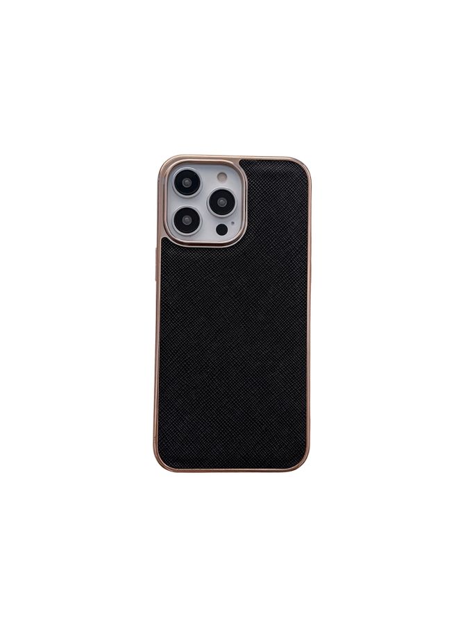 Case Cover For iPhone 14 Pro Max Nano Electroplating Cross Texture Genuine Leather Phone Case Black