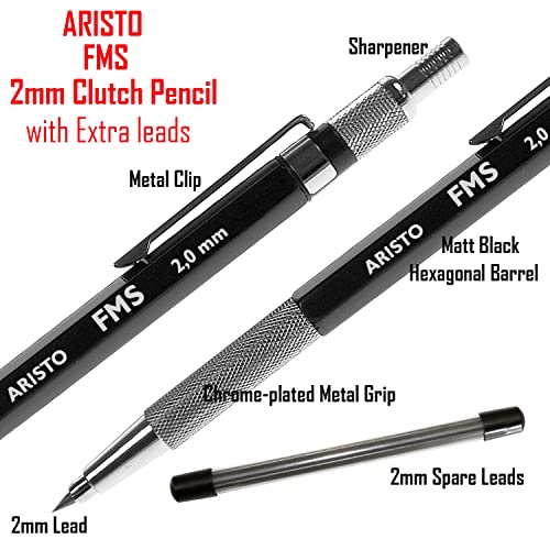 Aristo 2 mm Mechanical Clutch Lead Click Pen Pencil | 6 Leads | Matt Black | Hexagonal Body | FMS Series | Ideal for Smooth Writing Drafting Drawing Sketching Artist - Image 2