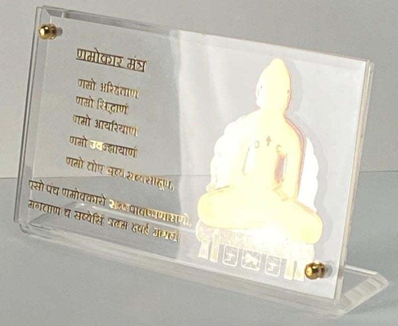 shree kreations Gold Plated Mahavir Swami Jis Navkaar Namokaar Mantra Frame Showpiece on Acrylic Stand for Car Dashboard Home Office Table - Image 4