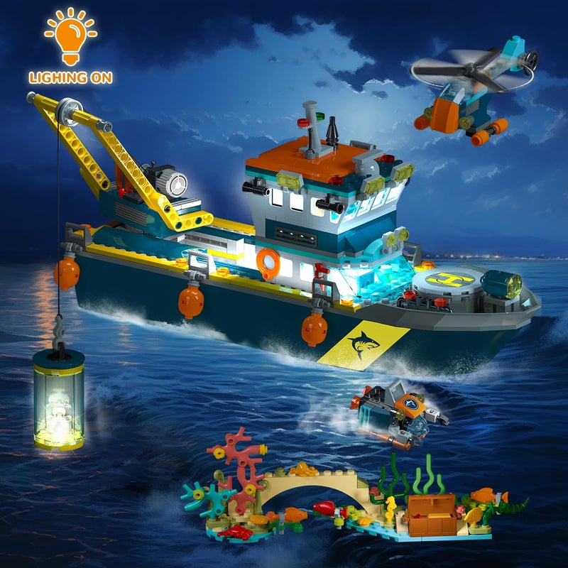 HOGOKIDS City Floating Boat Construction Kit with LED Light - Fun Arctic Explorer Ship Building Block Ocean Exploration with Helicopter Submarine Birthday Gift for 6+ Years Old Boys Girls Children - Image 2