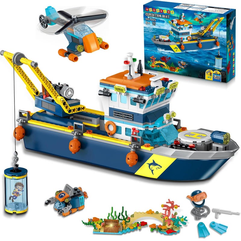 HOGOKIDS City Floating Boat Construction Kit with LED Light - Fun Arctic Explorer Ship Building Block Ocean Exploration with Helicopter Submarine Birthday Gift for 6+ Years Old Boys Girls Children - Image 1