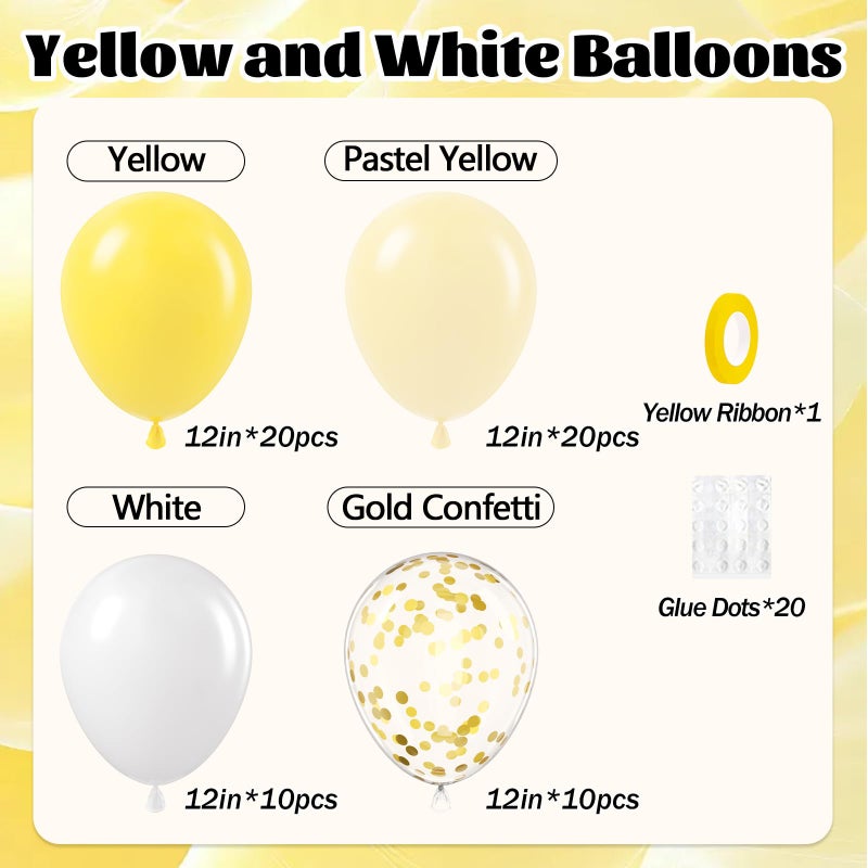 awenztech 60pcs Yellow and White Balloons 12inch with Pastel Yellow White Gold Confetti Balloons for Bee Lemon Wedding Baby Shower Birthday Party Decorations - Image 2