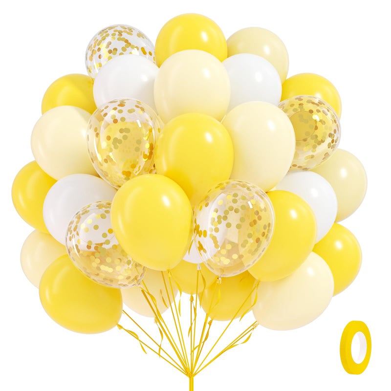 awenztech 60pcs Yellow and White Balloons 12inch with Pastel Yellow White Gold Confetti Balloons for Bee Lemon Wedding Baby Shower Birthday Party Decorations - Image 1
