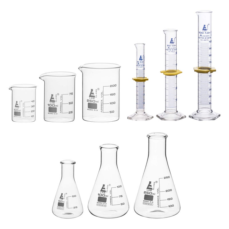 EISCO Laboratory Glassware Set, 9pcs - Includes Beaker Set (3pcs), Erlenmeyer Flask Set (3pcs), ASTM Class A Graduated Cylinder Set (3pc) - Chemistry Glassware - Made of Borosilicate 3.3 Glass - Image 1