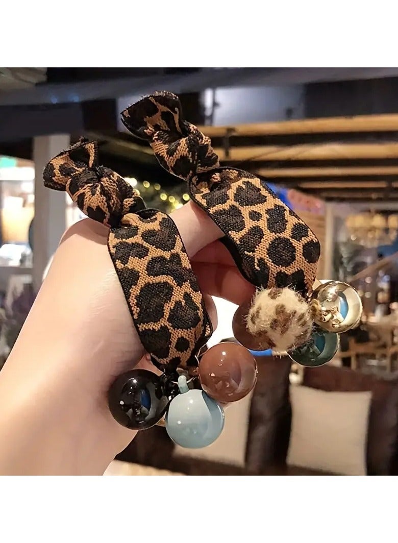 Goolsky 2pcs/set Leopard Printed Hair Loops Elastic Beads Decorative Hair Ties Ponytail Holder For Women And daily uses - Image 2