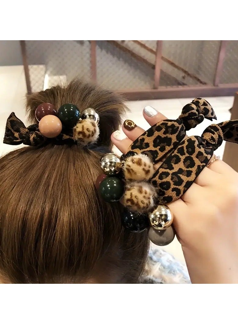 Goolsky 2pcs/set Leopard Printed Hair Loops Elastic Beads Decorative Hair Ties Ponytail Holder For Women And daily uses - Image 3