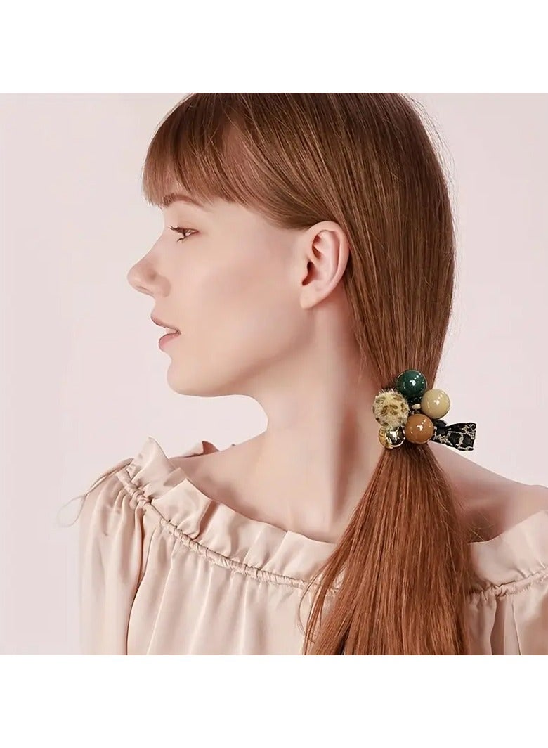 Goolsky 2pcs/set Leopard Printed Hair Loops Elastic Beads Decorative Hair Ties Ponytail Holder For Women And daily uses - Image 5