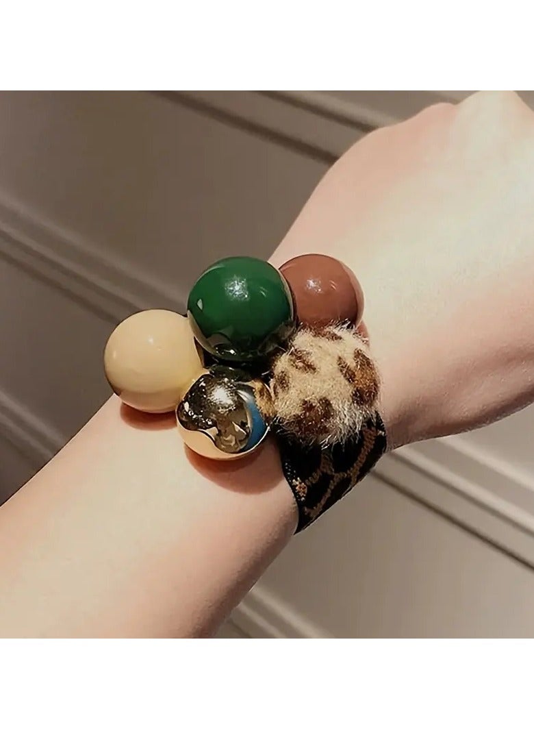 Goolsky 2pcs/set Leopard Printed Hair Loops Elastic Beads Decorative Hair Ties Ponytail Holder For Women And daily uses - Image 4