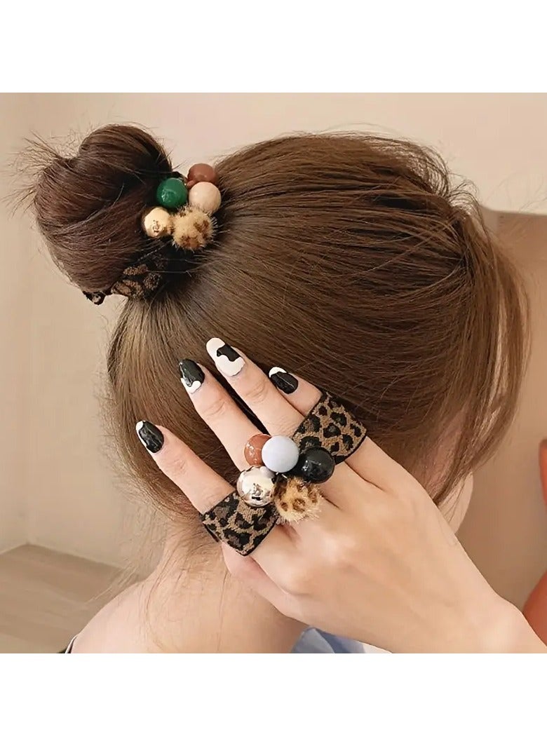 Goolsky 2pcs/set Leopard Printed Hair Loops Elastic Beads Decorative Hair Ties Ponytail Holder For Women And daily uses - Image 1
