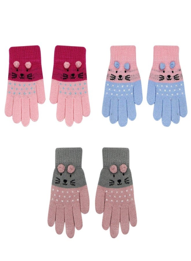 RARITYUS 3 Pairs Kids Cute Cat Warm Gloves Winter Knitted Mittens for Boys Girls Toddler 2-6 Years old - Image 2