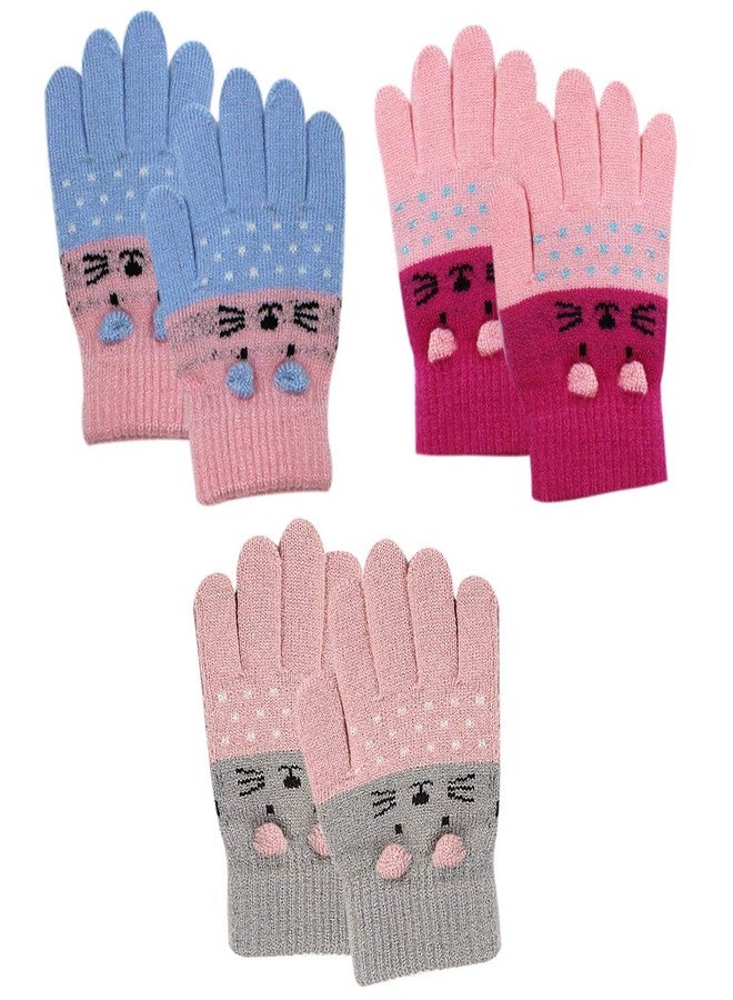 RARITYUS 3 Pairs Kids Cute Cat Warm Gloves Winter Knitted Mittens for Boys Girls Toddler 2-6 Years old - Image 1