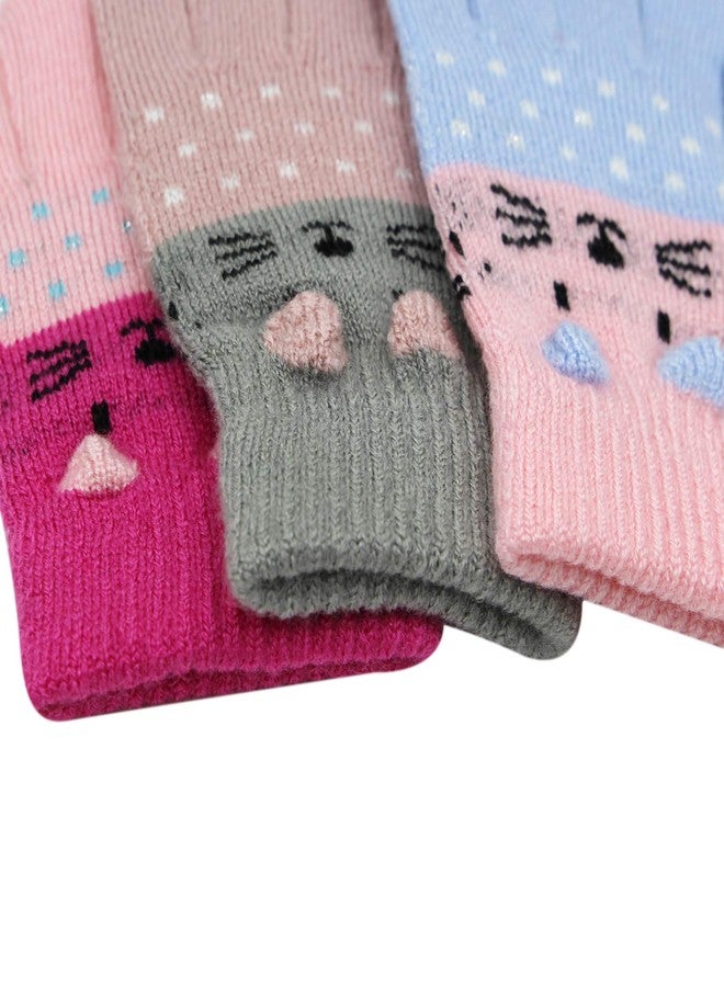 RARITYUS 3 Pairs Kids Cute Cat Warm Gloves Winter Knitted Mittens for Boys Girls Toddler 2-6 Years old - Image 5