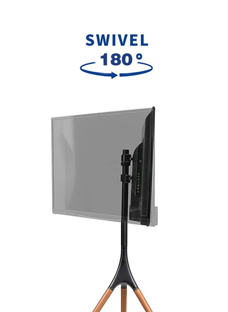 شو وو حامل تلفزيون فني بشكل حامل رسم للشاشات LED LCD بحجم 32-70 بوصة، حامل عرض استوديو قابل للتعديل مع قاعدة ثلاثية متينة وحامل دوّار، حامل أسود مع أرجل من خشب الجوز الداكن. - Image 3