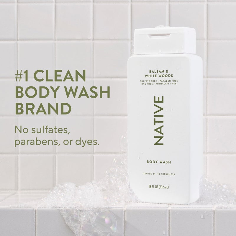 Native Body Wash Contains Naturally Derived Ingredients | For Women & Men, Sulfate, Paraben, & Dye Free Leaving Skin Soft and Hydrated | Balsam & White Woods 18 oz - Image 2