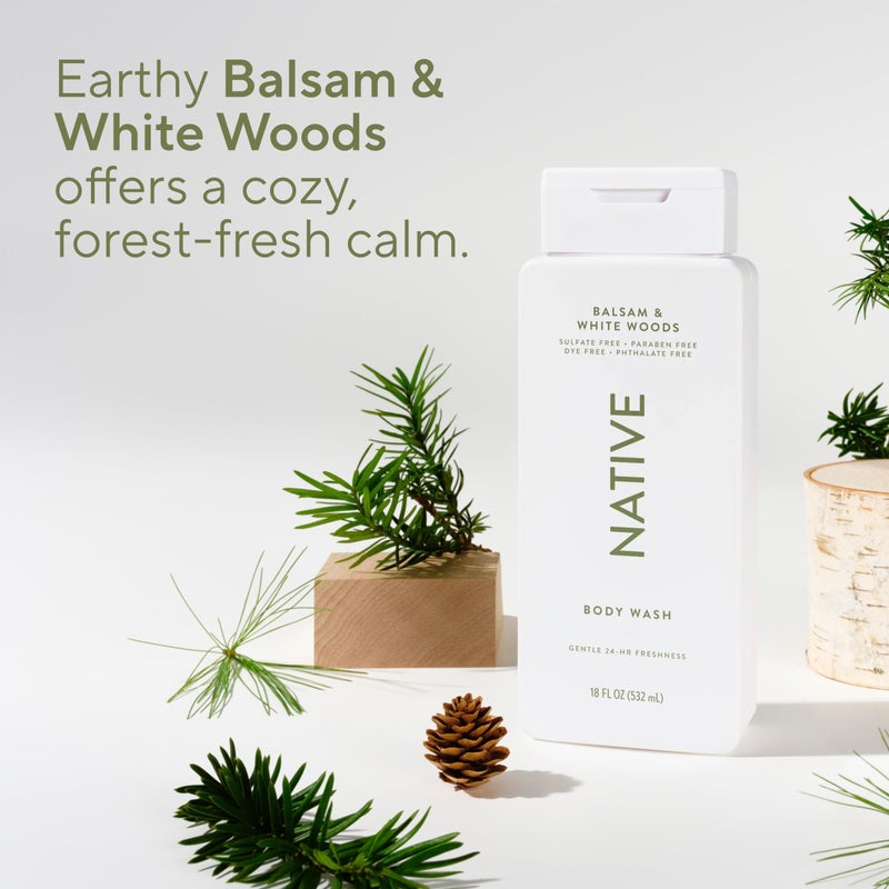 Native Body Wash Contains Naturally Derived Ingredients | For Women & Men, Sulfate, Paraben, & Dye Free Leaving Skin Soft and Hydrated | Balsam & White Woods 18 oz - Image 5