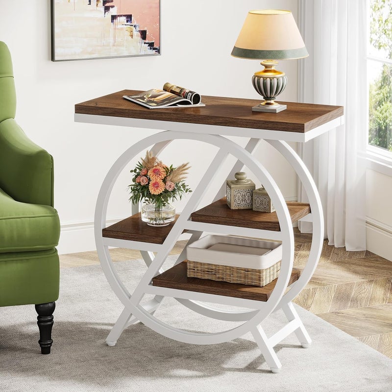 Tribesigns End Table for Living Room, 3-Tier Narrow Side Table with Storage, Wood Sofa Side Table with Geometric Metal Frame, Industrial Nightstand and Bedside Table for Bedroom (Light Brown+White) - Image 1
