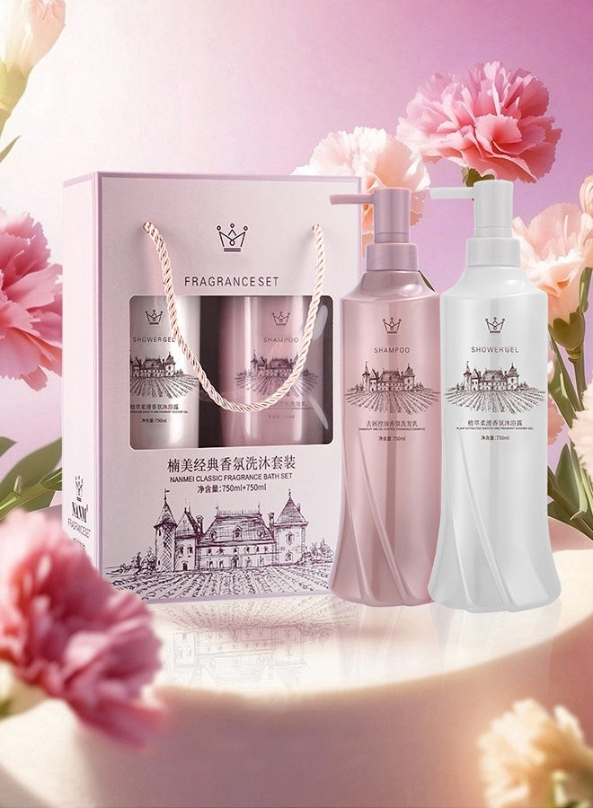 Classic Fragrance Shampoo & Shower Gel Gift Set 750ml x2, Luxurious Bath Set for Women, Moisturizing Hair & Body Care, Elegant Pink Gift Box for Her - Image 1