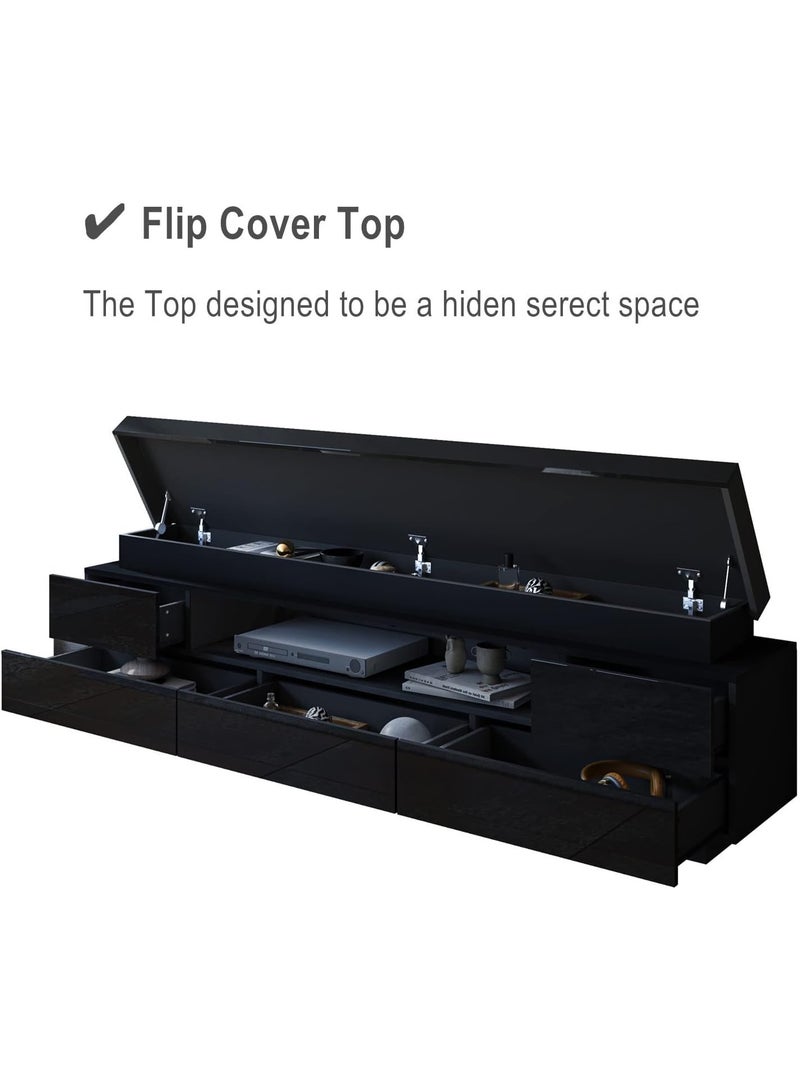 TV Stand Cabinet Modern Black Gloss TV Stand Unit with LED Lights 150CM, 5 Drawers, 1 Open Shelf and Hidden Top Storage Space, for Bedroom Living Room Home Furniture - Image 5