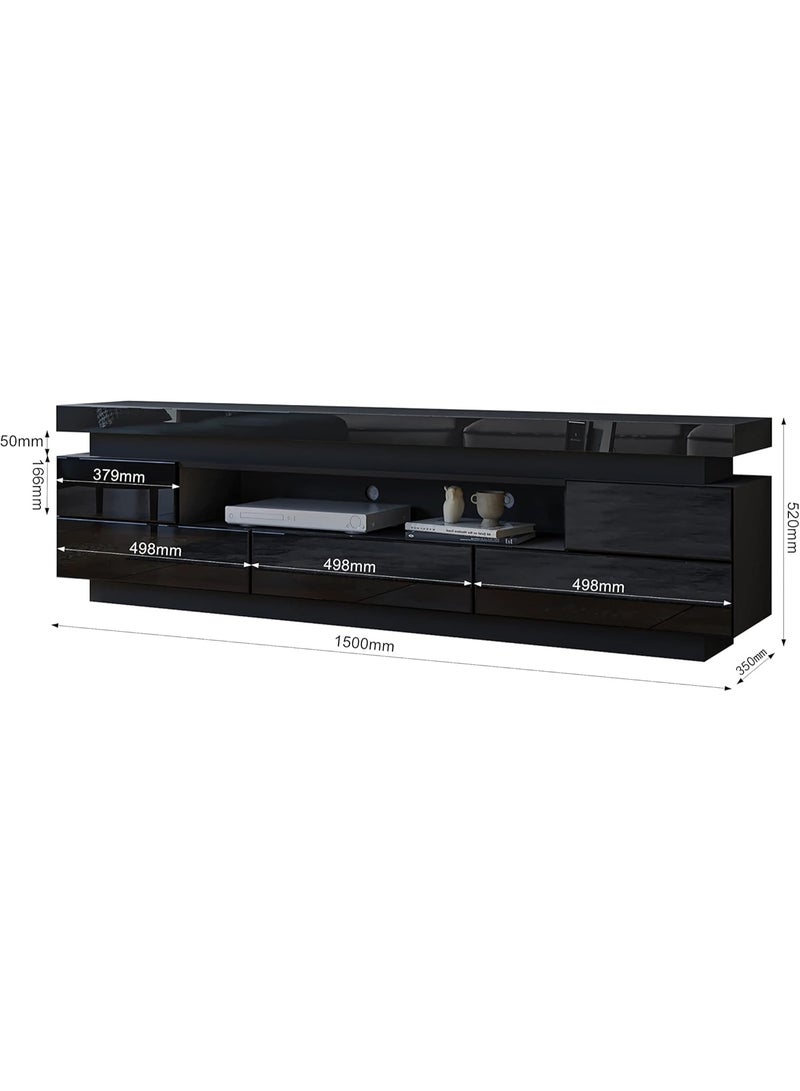 TV Stand Cabinet Modern Black Gloss TV Stand Unit with LED Lights 150CM, 5 Drawers, 1 Open Shelf and Hidden Top Storage Space, for Bedroom Living Room Home Furniture - Image 2