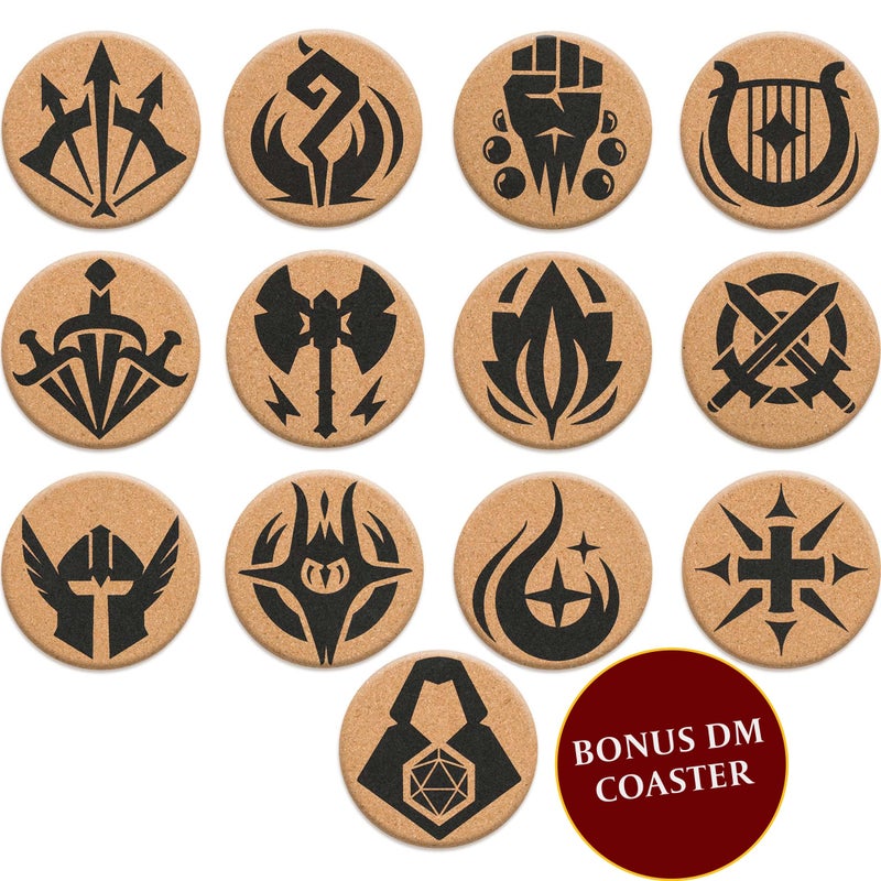 lynx HQ Cork DND Coasters  Set of 12 Class 1 DM Icon Coasters  Great Nerdy Gift for DD Players Gamers DM Men or Women Dungeons  Dragons Accessories for Home Decor Mugs Drinks Table Decoration