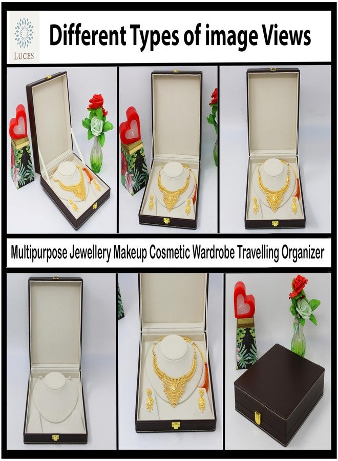 LUCES PU Leather Necklace Pendant Earring Ring Jewellery Storage Holder Display Box for Wedding Engagement Anniversary Wardrobe Organizer Brown - Image 4