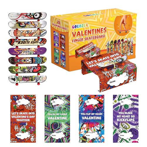 Gocozer Valentines Day Gifts for Kids 28 Pack Finger Skateboards with Valentines Greeting Cards for Kids Classroom Kid Valentines Exchange Gifts Ideas Preschool Valentine Gifts Favors - Image 1