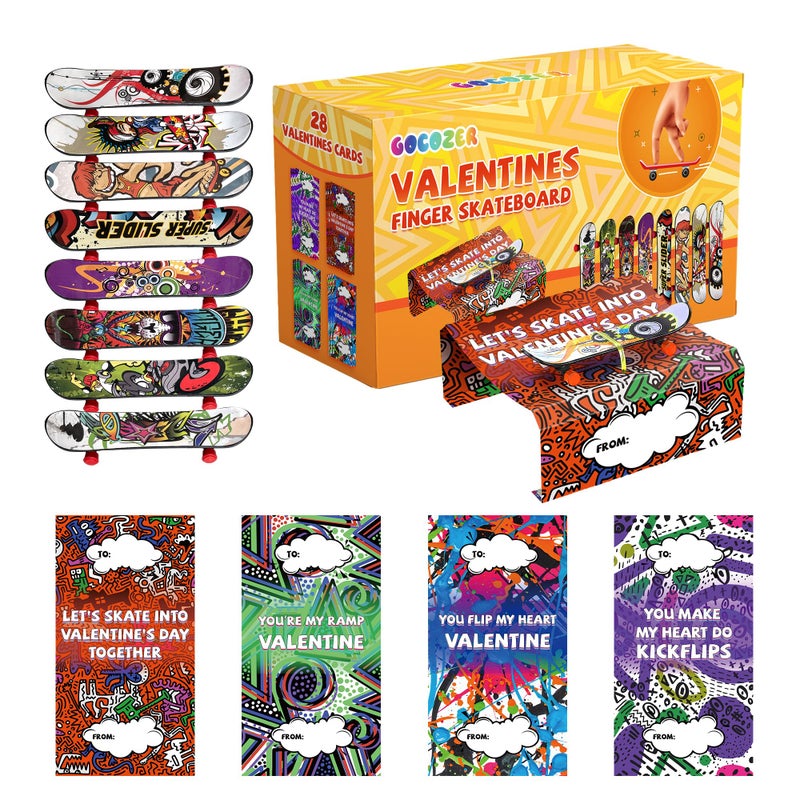 Gocozer Valentines Day Gifts for Kids 28 Pack Finger Skateboards with Valentines Greeting Cards for Kids Classroom Kid Valentines Exchange Gifts Ideas Preschool Valentine Gifts Favors - Image 2