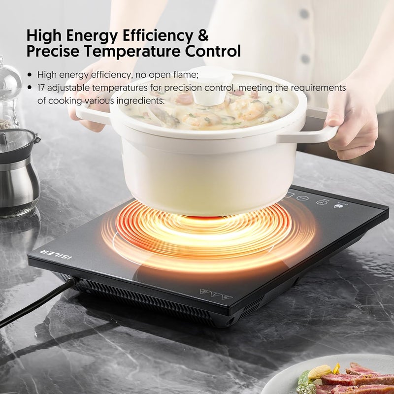 ISILER Portable Induction Cooktop, 1800W Sensor Touch Electric Induction Cooker Hot Plate with Kids Safety Lock, 6.7" Heating Coil, 18 Power 17 Temperature Setting Countertop Burner with Timer - Image 4