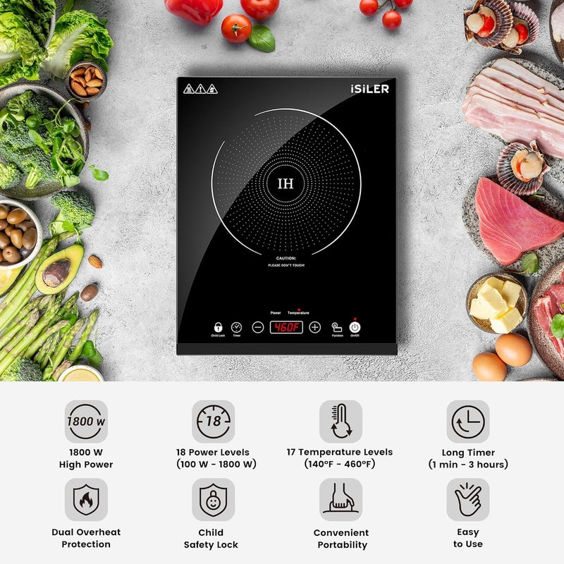 ISILER Portable Induction Cooktop, 1800W Sensor Touch Electric Induction Cooker Hot Plate with Kids Safety Lock, 6.7" Heating Coil, 18 Power 17 Temperature Setting Countertop Burner with Timer - Image 2