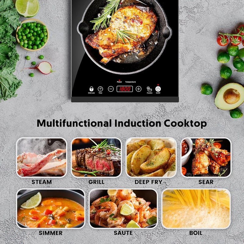 ISILER Portable Induction Cooktop, 1800W Sensor Touch Electric Induction Cooker Hot Plate with Kids Safety Lock, 6.7" Heating Coil, 18 Power 17 Temperature Setting Countertop Burner with Timer - Image 3
