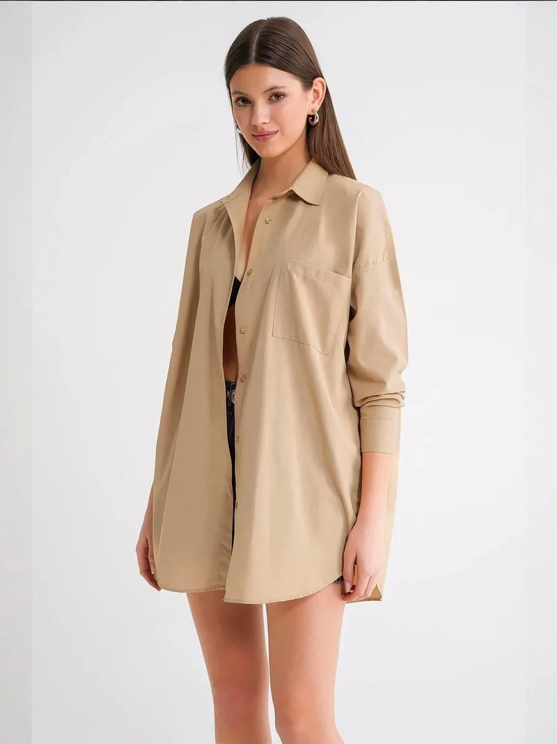 MixRay Beige Natural Oversized Long-Sleeve Button-Up Poplin Shirt for Women | Best Price UAE