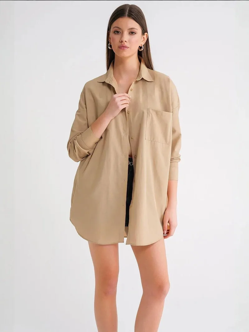MixRay Beige Natural Oversized Long-Sleeve Button-Up Poplin Shirt for Women | Best Price UAE