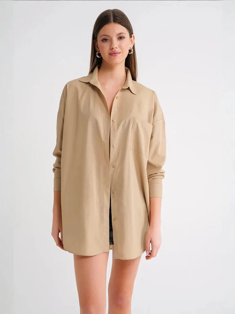 MixRay Beige Natural Oversized Long-Sleeve Button-Up Poplin Shirt for Women | Best Price UAE