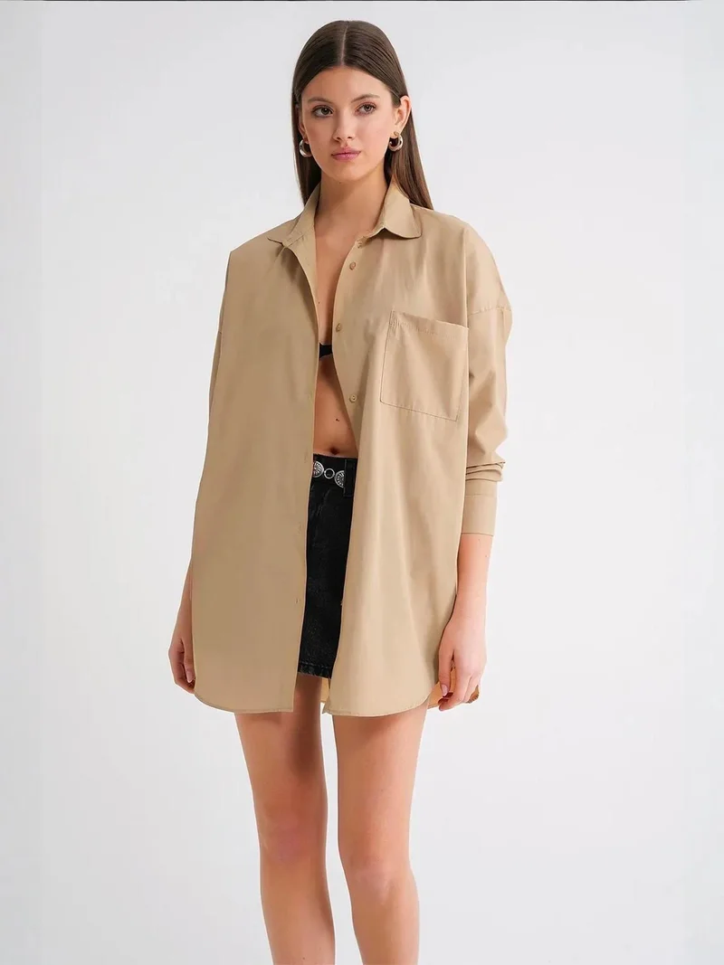 MixRay Oversized Long-Sleeve Button-Up Poplin Shirt