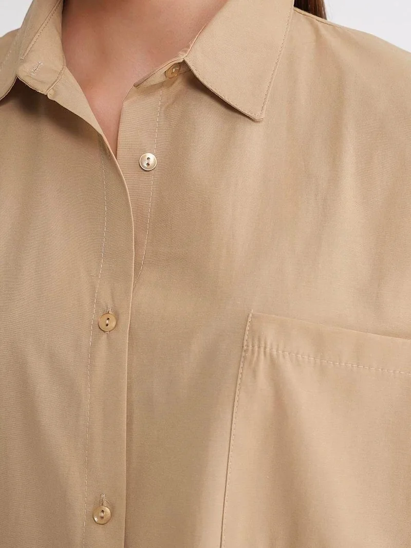 MixRay Beige Natural Oversized Long-Sleeve Button-Up Poplin Shirt for Women | Best Price UAE