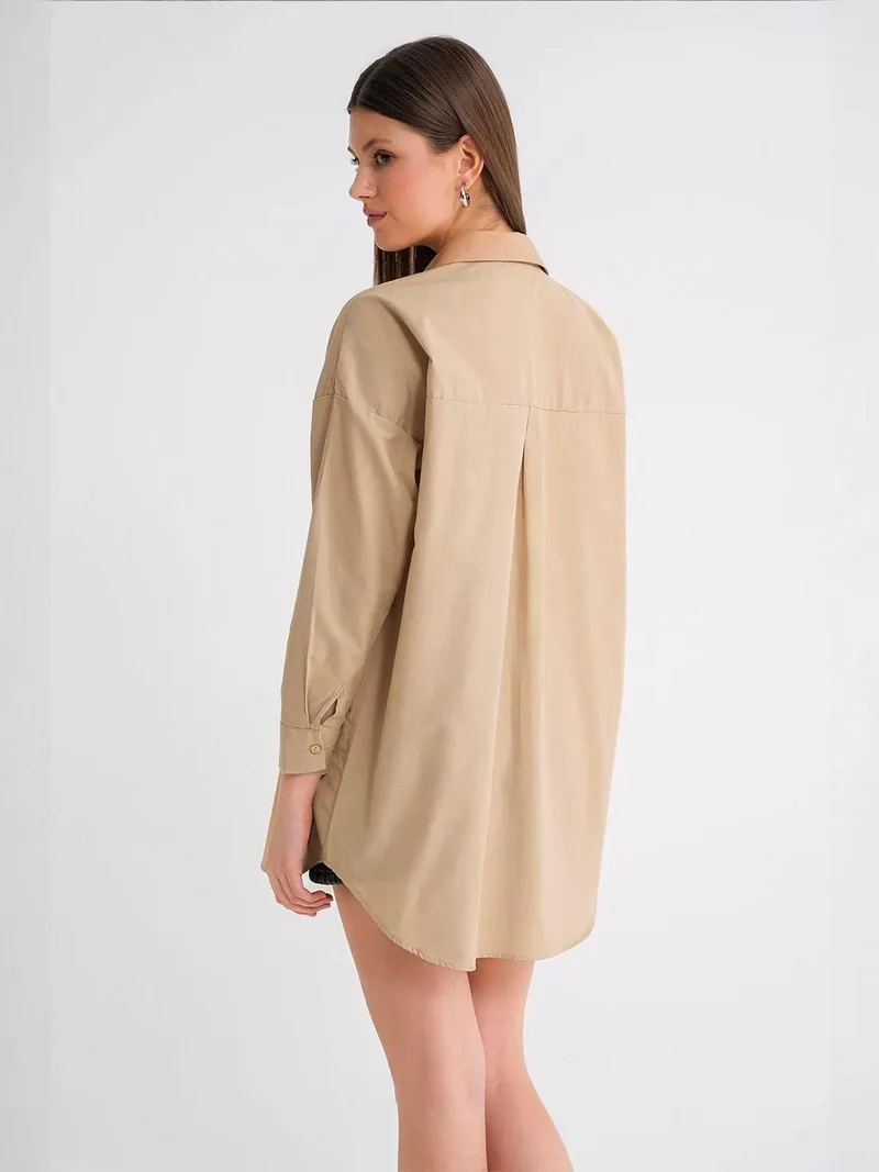 MixRay Beige Natural Oversized Long-Sleeve Button-Up Poplin Shirt for Women | Best Price UAE