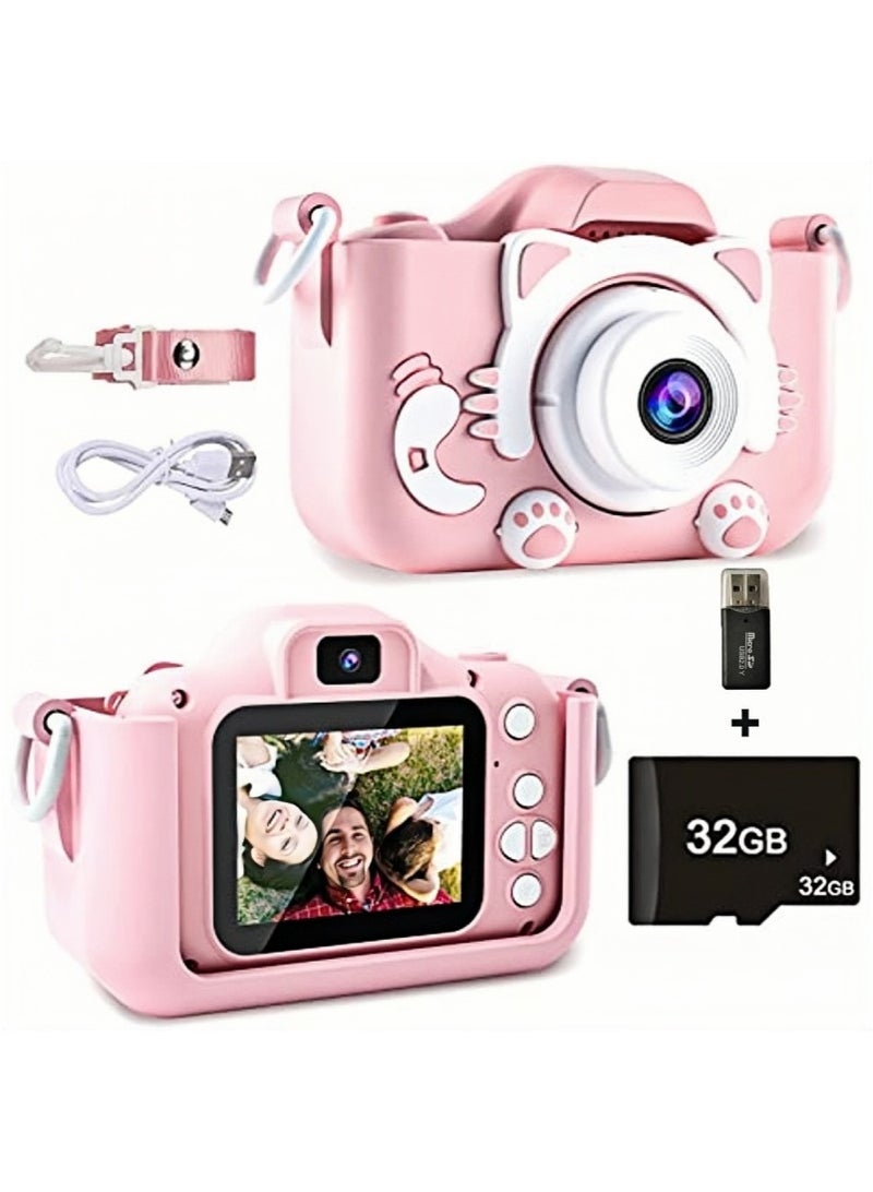 Generic Kids Camera, Kids Digital Video Camera - 1080P HD Toy for 3-12 Year Old Boys/Girls, Birthday Festival Gift, USB Rechargeable Selfie Camera With 32GB SD Card and Card Reader (Pink)  - Image 1