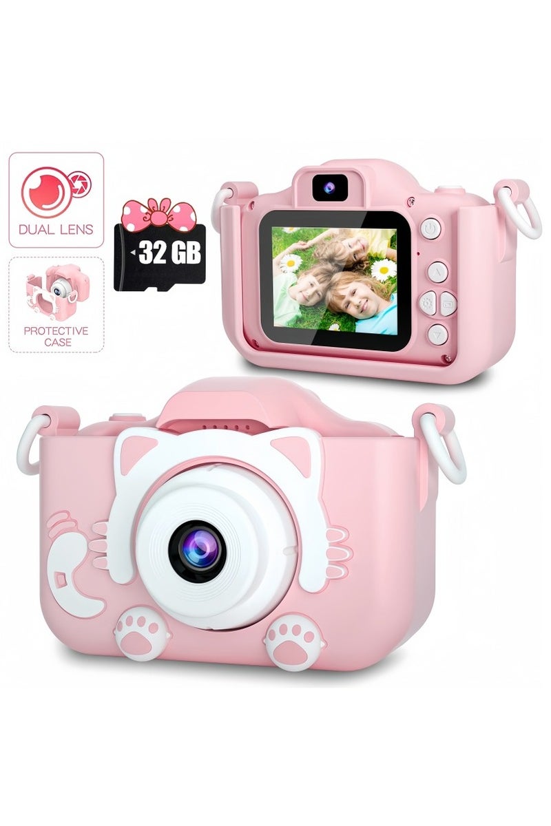 Generic Kids Camera, Kids Digital Video Camera - 1080P HD Toy for 3-12 Year Old Boys/Girls, Birthday Festival Gift, USB Rechargeable Selfie Camera With 32GB SD Card and Card Reader (Pink)  - Image 1