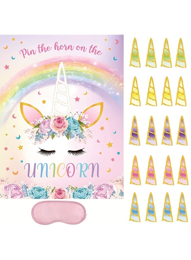 The Horn on The Unicorn Game for Kids Birthday Party, Unicorn Party Game with 20 pcs Horn Stickers One eye masks Birthday Party Supplies for Wall Home Room Decorations - Image 1
