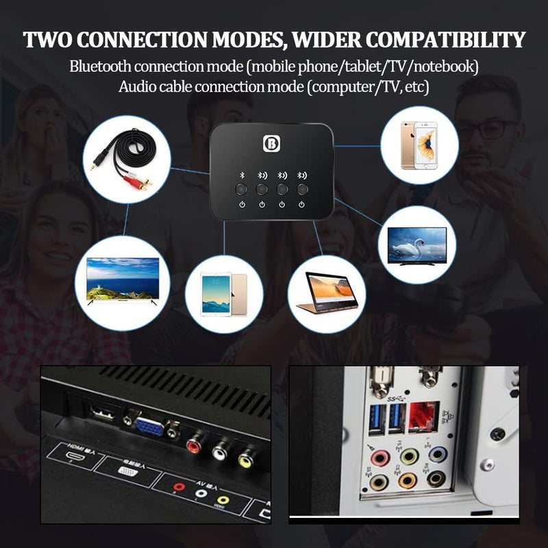 klarako Audio Bluetooth Adapter, Wireless Stereo Bluetooth 4.0 with Phone Tablet Notebook for Music Streaming Sound System, Audio Adapter Music Sharing Device 1 in 3 Out with Computer TV - Image 2