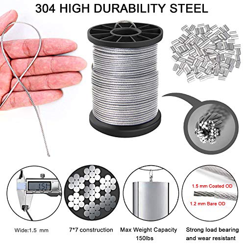 Cerpourt Vinyl Coated Picture Hanging Wire 1.5mm Up to 150lbs,100 Feet(30.5M) Stainless Steel Picture Wire Spool with 40Pcs Aluminum Crimping Sleeves,Heavy Wire for Hanging Picture Frame,Artwork,String Light - Image 2
