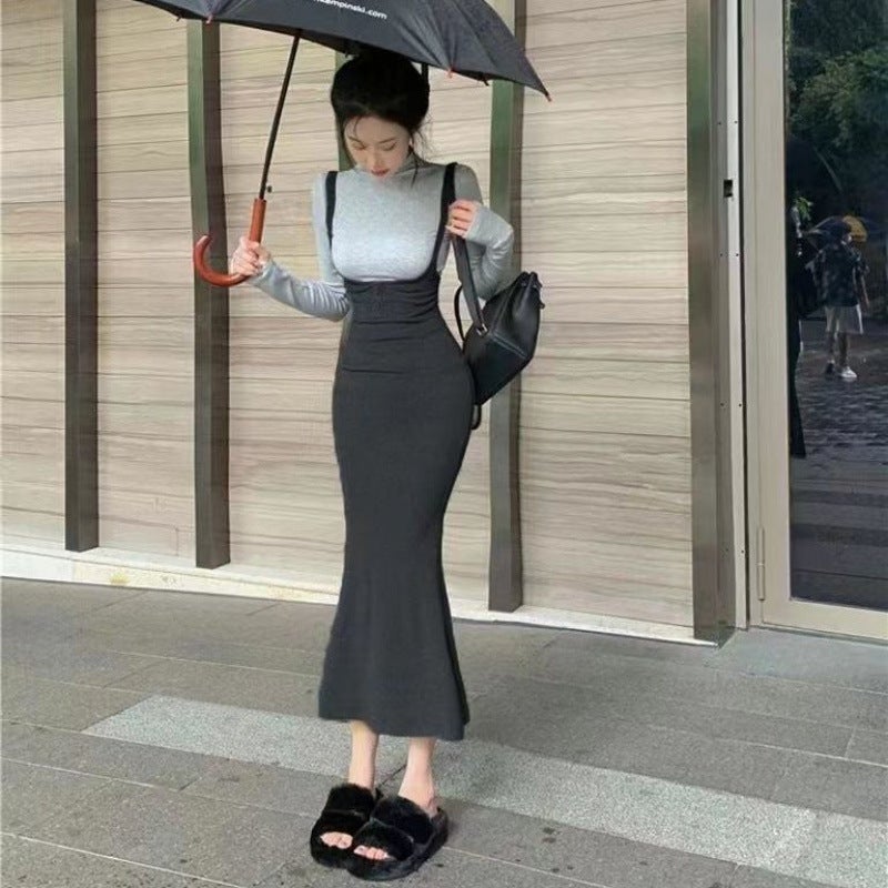 Spicy Girl Hong Kong Style Slim-Fit Hip-Wrap Dress Set 2024 Light gray top + dark floral gray skirt