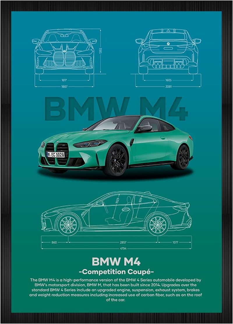 إطارات ملصقات الخشبية الجمالية لـ BMW M4 Competition | مقاس 8×12 بوصة (مقاس A4) | إطارات الأعمال الفنية الحائطية المعلقة لجماليات غرفة النوم بالمنزل، غرفة المعيشة والجدران | أعمال فنية مؤطرة