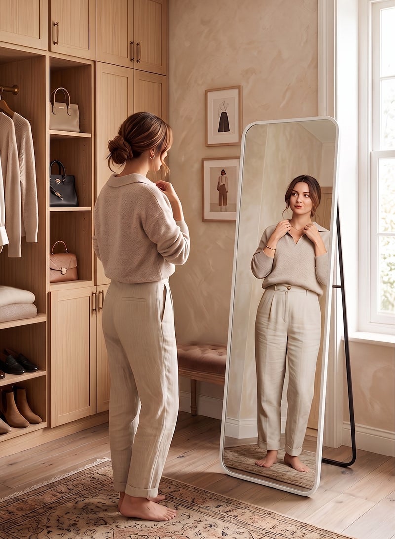 Taimi Rectangular Mirror 120x30cm with Rounded Edges, Full Length Mirror with Stand and Metal Frame, Floor Mirror, Wall Mirror Hanging or Tilt for Living Room, Bedroom, Entryway White - Image 4