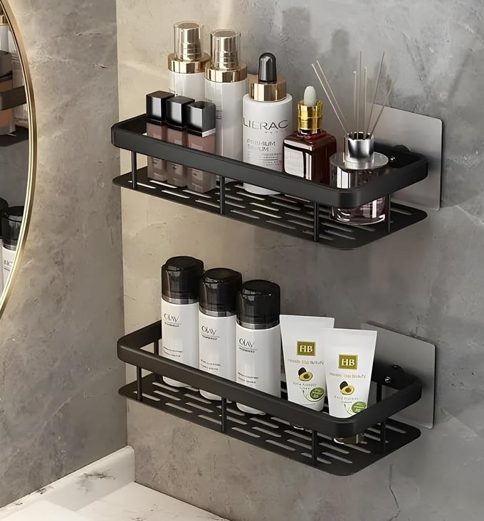 SELFADHESIVE WALL MOUNTED BATHROOM SHELF PUNCHFREE SPACESAVING RACK FOR BATHROOM KITCHEN MULTIPURPOSE STORAGE ORGANIZER BLACK WALL STAND PACK OF 2