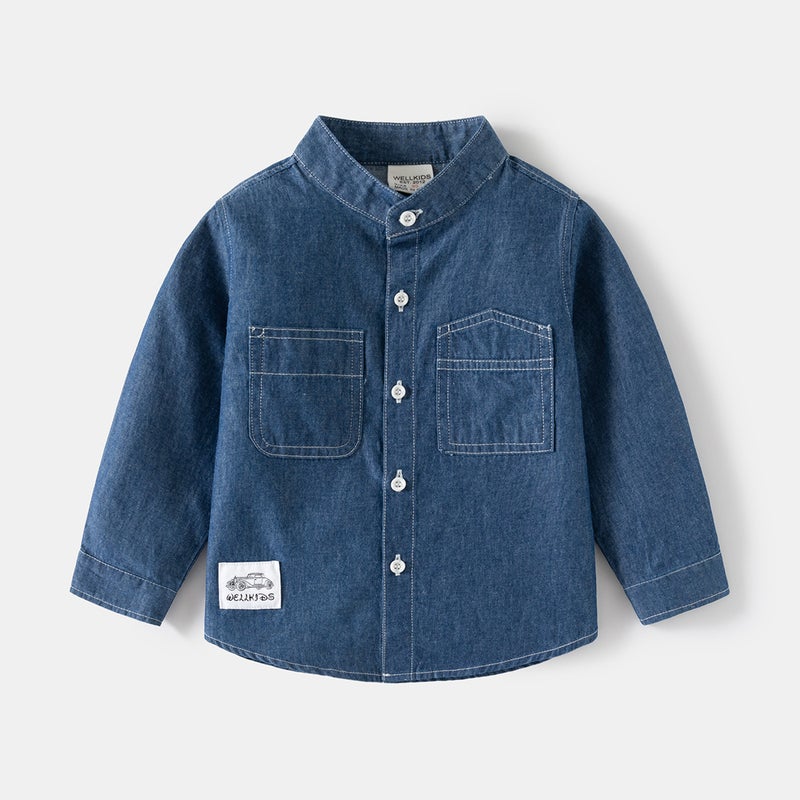 Boys' Denim Shirt Coat New Children'S Stand Collar Handsome Children'S Clothing Casual Cardigan Children'S Clothing - Image 3