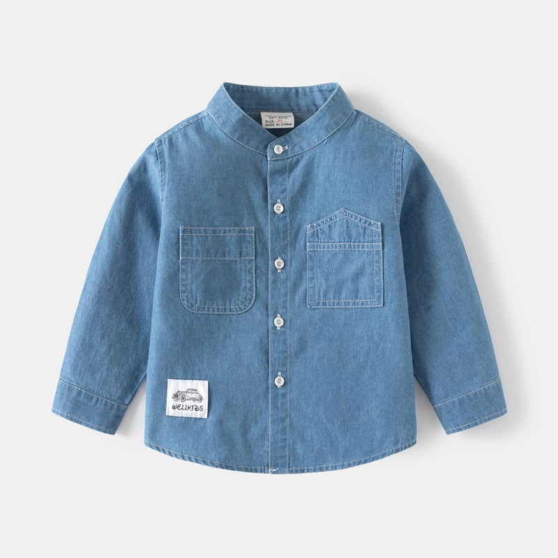 Boys' Denim Shirt Coat New Children'S Stand Collar Handsome Children'S Clothing Casual Cardigan Children'S Clothing - Image 1