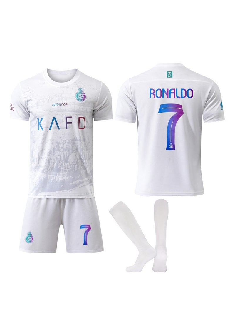 عام 2023-24 رياض النصر الثاني مجموعة هدايا تحتوي على قميص خارجي لكرة القدم لرونالدو #7 مقاس الأطفال والكبار لعشاق والأصدقاء. - Image 1
