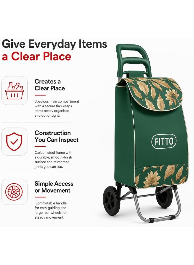 Shopping Trolley with Wheels, 36L, Green Leaf Design, Carbon Steel Frame - Image 4