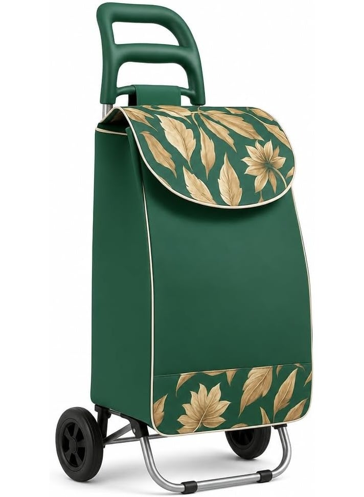 Shopping Trolley with Wheels, 36L, Green Leaf Design, Carbon Steel Frame - Image 2